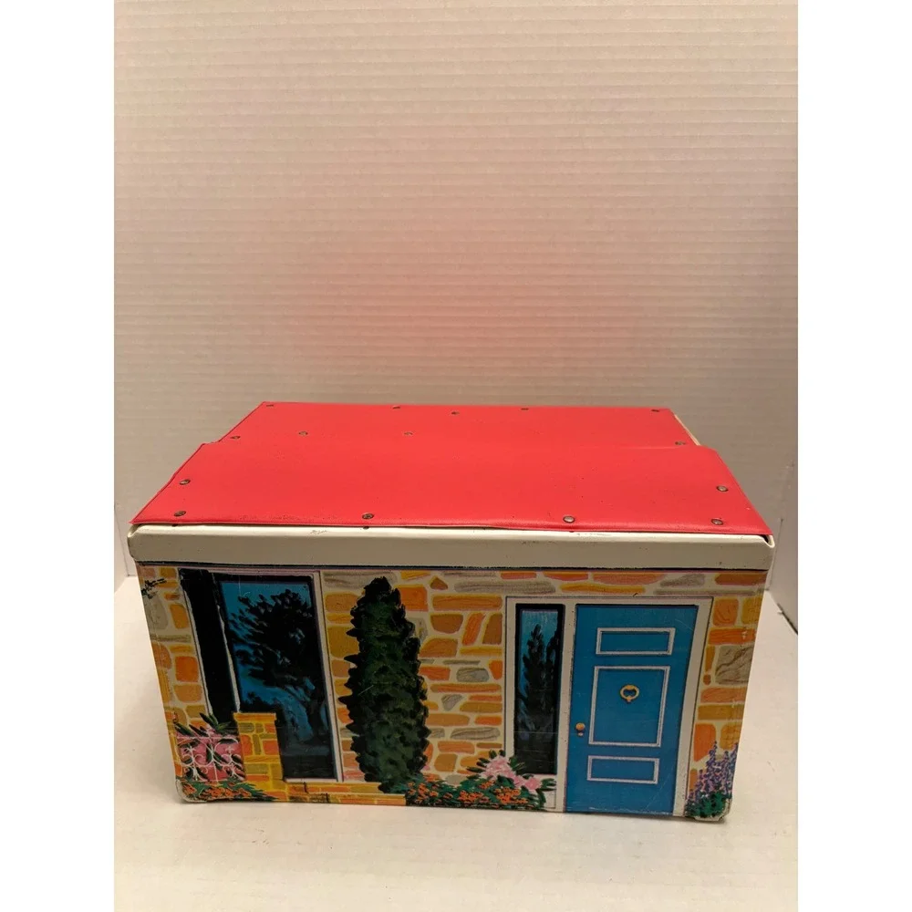 Vintage Ideal Toy Corp Vinyl Doll Case House Graphic Red Roof Blue Door